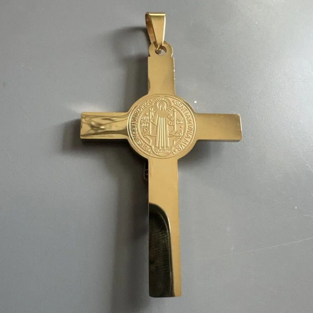 Gold Tone Cross Jesus Pendant 24” Chain Christ Stainless Steel Catholic Gift